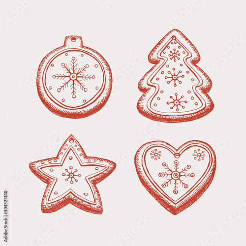 Set of Christmas toys similar to gingerbread cookies in retro style. Decor for the Christmas holiday. Happy New Year vacations. Vector illustration in engraving style on a light isolated background.