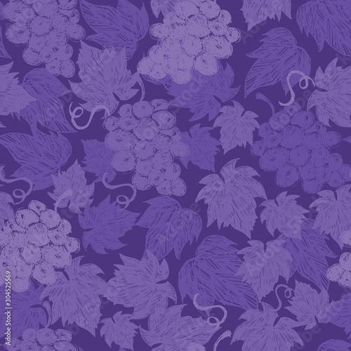 Vector faded texture purple monochrome grape vine illustration with leaves hand drawn repeat pattern. Perfect for fabric, scrapbooking and wallpaper projects.