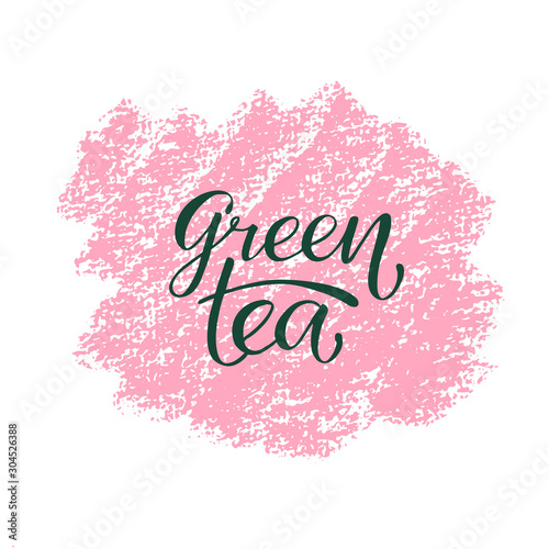 green tea – calligraphy, lettering. Hand drawn tea collection, isolated on background. Vector illustration of tea with icons for tea shop, tea house, cafe and packing