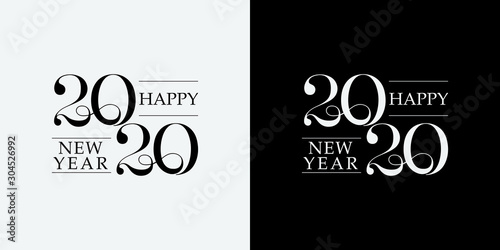 Happy New Year 2020 line drawing typography. Cover of business diary for 2020 with wishes. Brochure design template, card, banner. Vector illustration. Isolated on white background. Merry Christmas.