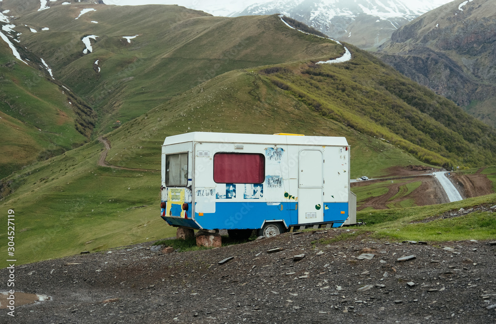 Home on the wheels in Georgian mountains near Kazbegi