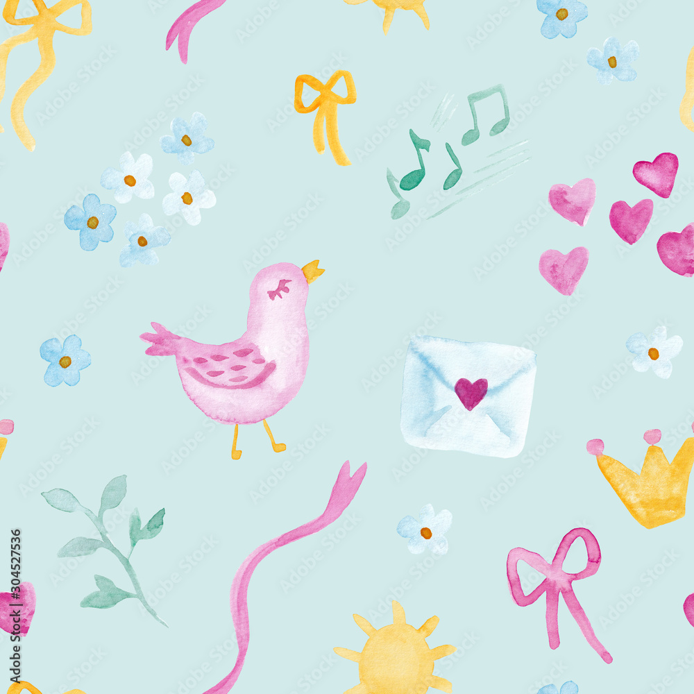 Pink birds with music notes and letters watercolor painting - hand drawn seamless pattern on blue