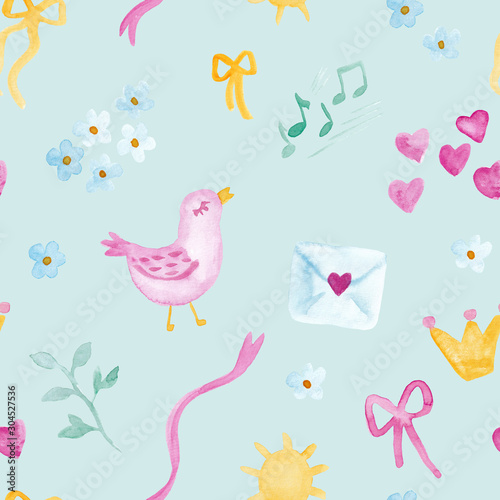 Pink birds with music notes and letters watercolor painting - hand drawn seamless pattern on blue