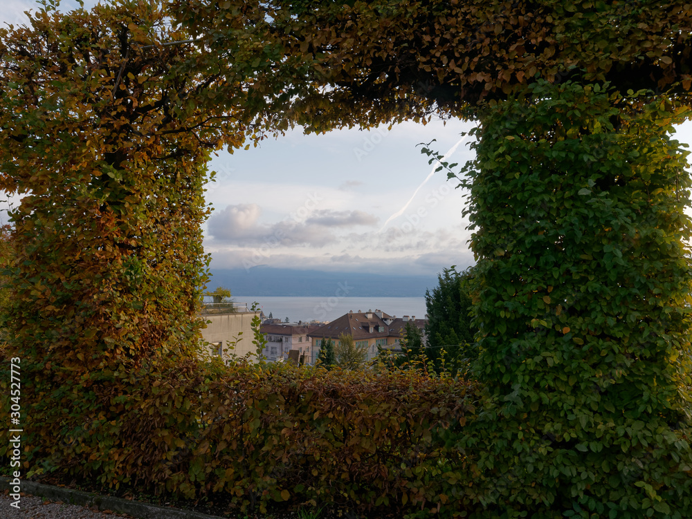 View of the Lake Geneva Lake Léman seen from the garden of the Esplanade of Montbenon