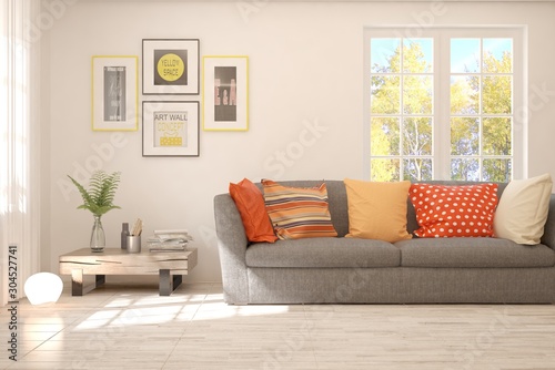 Stylish room in white color with sofa and autumn landscape in window. Scandinavian interior design. 3D illustration