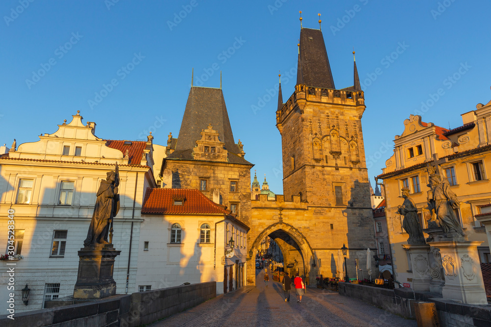 Prague - The west tower of Charles Bridge in the morning light.