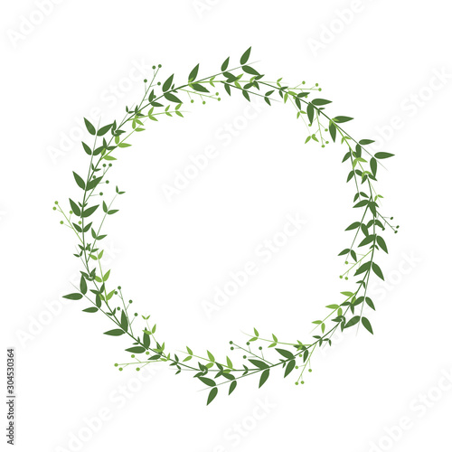 Elegant delicate wreath with green leaves and twigs with berries. Vector flat illustration. Border isolated on a white background. Laconic spring logo, symbol. Round frame with place for text.