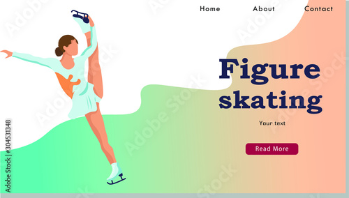 Winter Sport Figure Iceskating Activity Website Landing Page. Sportswoman Performing on Ice Rink with Skating Program. Competition Web Page Banner. Cartoon Flat Vector Illustration