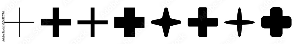 Plus Icon Black | Pluses | Cross Symbol | Addition Logo | Positive Sign | Isolated | Variations - obrazy, fototapety, plakaty 
