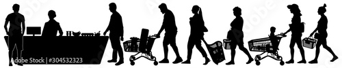 Cashier at cash desk supermarket. Crowd of shoppers black friday. line in store at checkout. Vector silhouette isolated