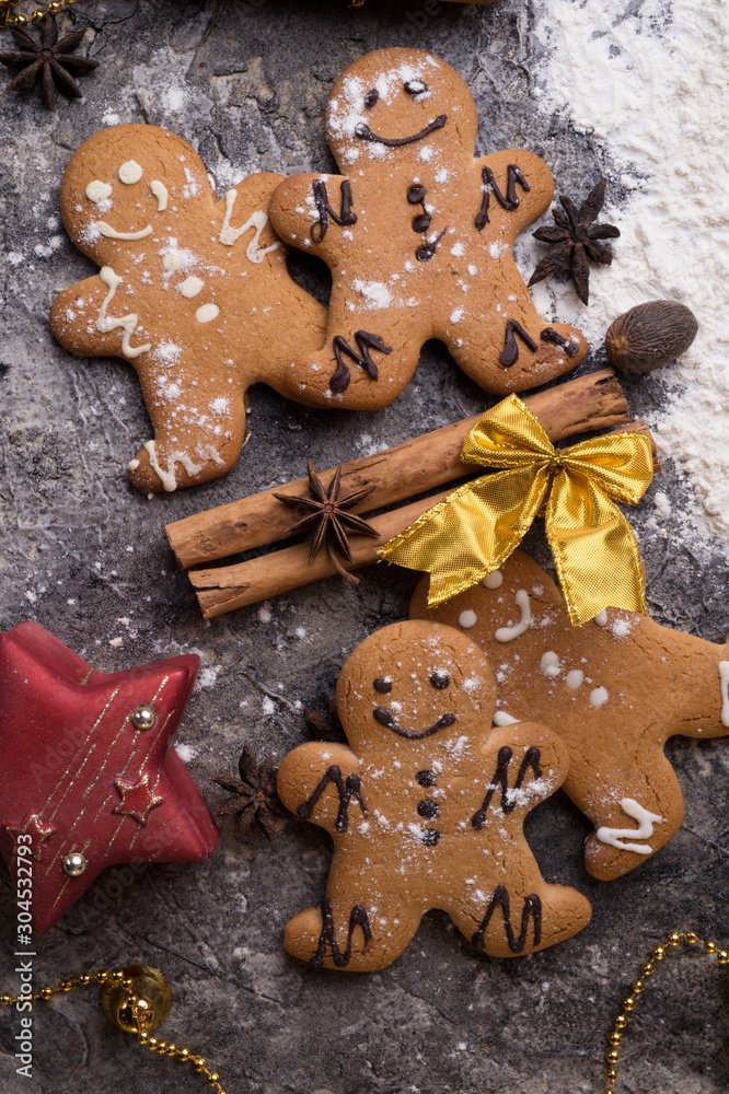 christmas decorative cookies background around grey background