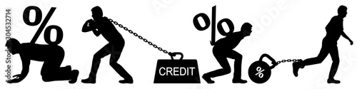 Man carries a heavy burden. Credit on chain at bank. Expensive mortgage. Large interest on the loan. Man pulls bank interest. Vector silhouette isolated set