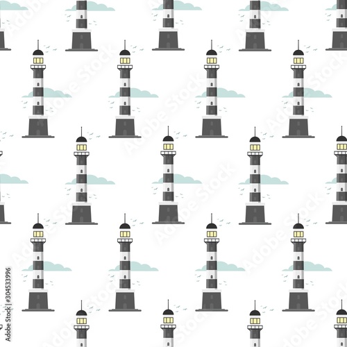 lighthouse seamless pattern on a white background. Vector flat design illustration.