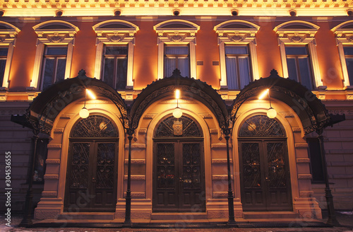 Beautiful entrance of the Turku City Hall while sundown