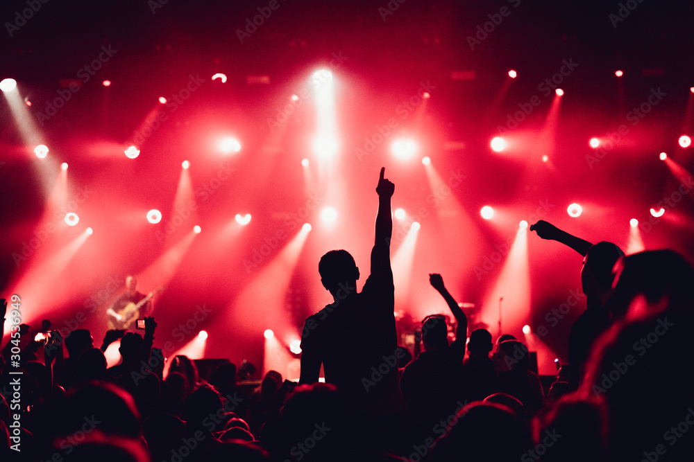 cheering crowd of unrecognized people at a rock music concert. crowd in  front of bright stage lights. Concert audience at music concert. Smoke,  concert spotlights. Stock-Foto | Adobe Stock