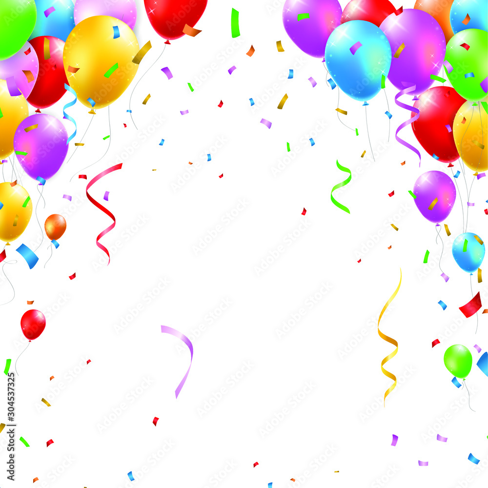 Colored Party Balloons and Confetti on White Background . Isolated Vector Elements