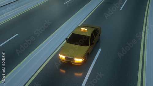 Yellow taxi rides on the road, highway. 3D illustration
