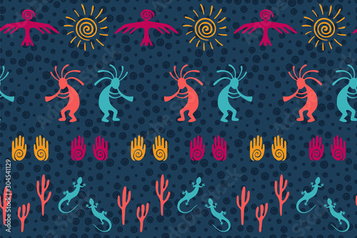Mythical, design with lizard, Kokopelli fertility deity, sun, eagle, cacti.