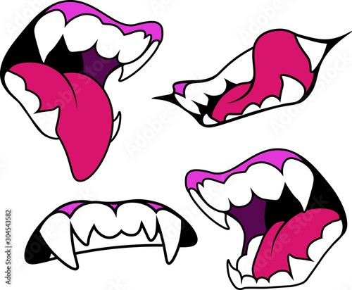  mouth with fangs in four versions. Halloween vector illustration. Design elements for advertising and promotion. Isolated on white background.