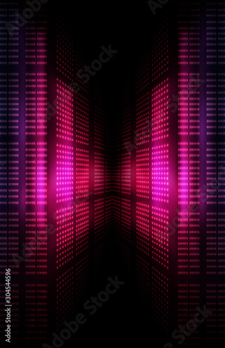 Neon light. Background of empty show scene. Empty dark modern abstract neon background. Glow of neon lights on an empty stage, diodes, rays and lines. Lights of the night city.