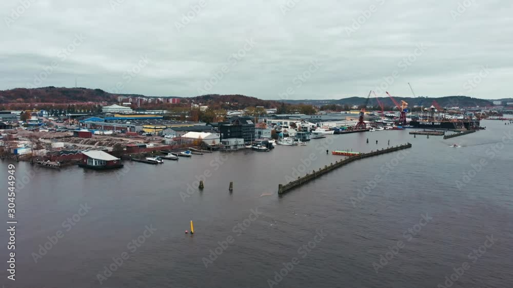 4k Aerial drone view approaching Gothenburg Harbour over river 4k Aerial drone view approaching Gothenburg Harbour over river