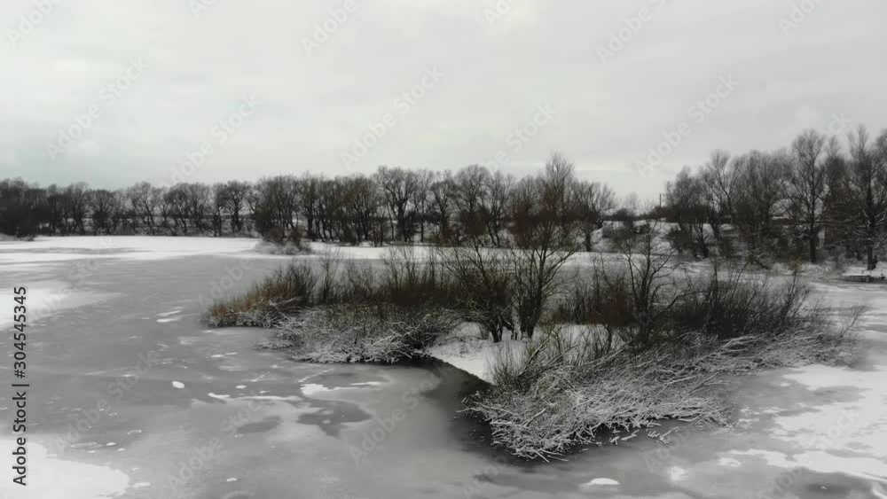 View of frozen pond in wild nature View of frozen pond in wild nature