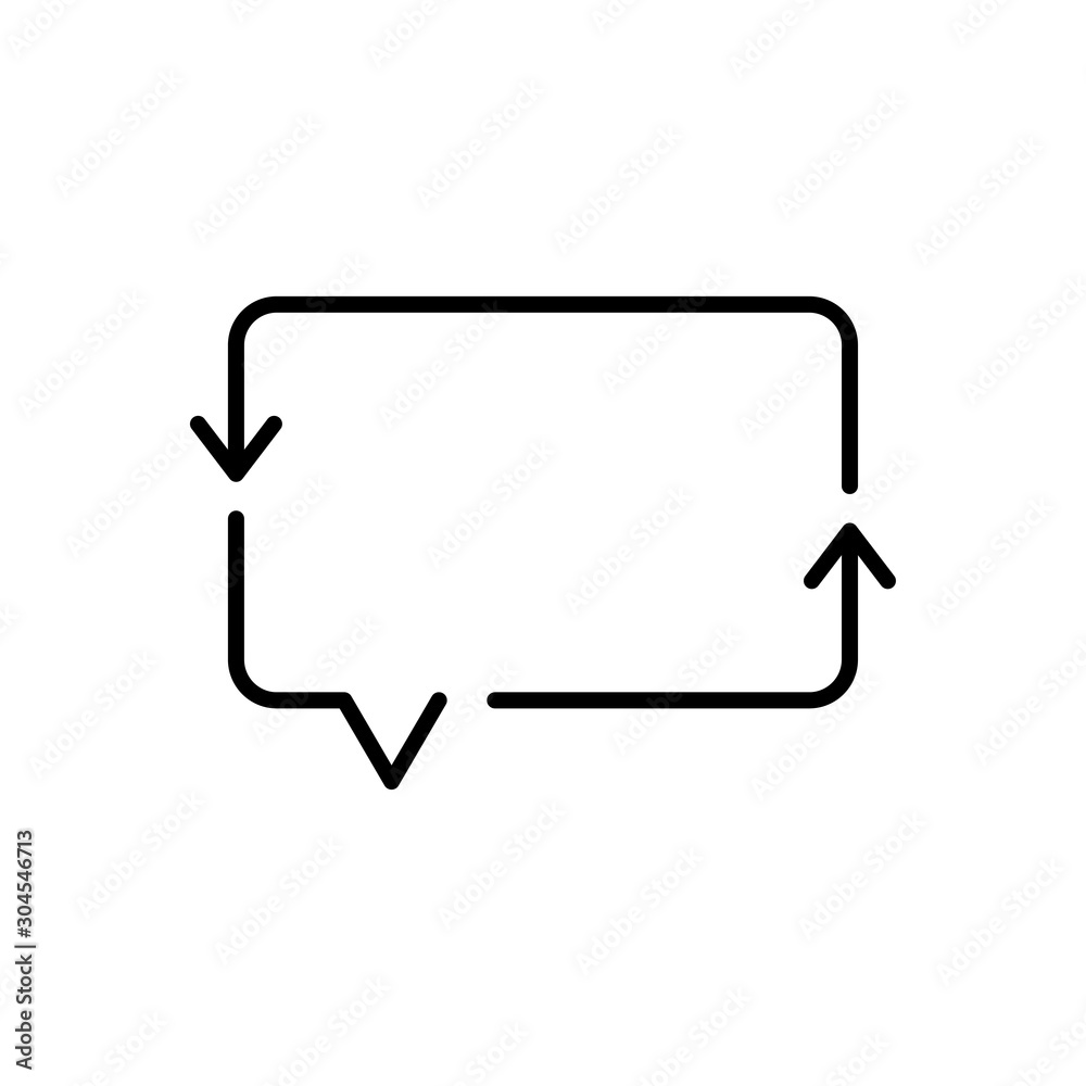 Símbolo actualizar mensaje. Icono plano lineal burbuja de habla con flechas en color negro Símbolo actualizar mensaje. Icono plano lineal burbuja de habla con flechas en color negro