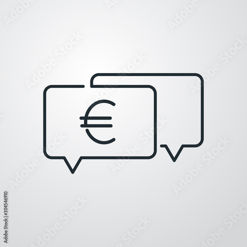 Logotipo aviso de pago. Icono plano lineal euro en burbuja habla en fondo gris