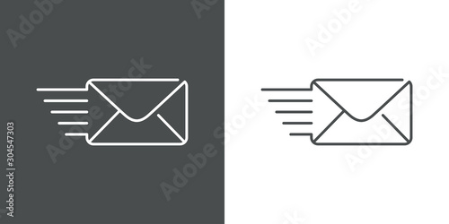 Icono plano lineal símbolo mandar mensaje con sobre con velocidad en fondo gris y fondo blanco