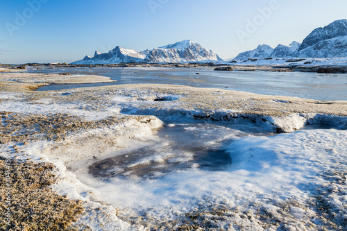 Beautiful winter landscape on Lofoten islands at a sunny day