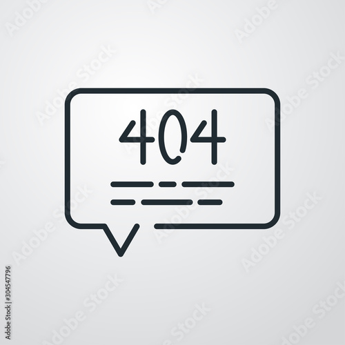 Icono plano lineal mensaje 404 en burbuja de habla en fondo gris