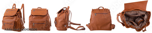 Collage of different sides  of the same dark orange backpack isolated on white background
