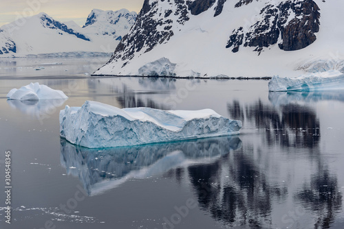 Antarctic landscape with icebergs and reflection