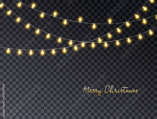 Merry Christmas card with lights isolated on dark transparent background. Glowing golden garland lights. Led neon lamp. Bright decoration for xmas cards, banners, posters, web design. Vector