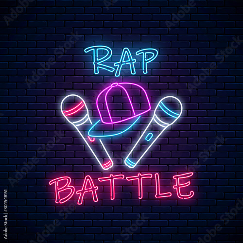 Rap battle neon sign with two microphones and baseball cap. Emblem of hip-hop music. Rap contest advertisement design