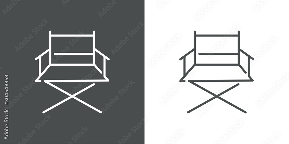 Icono plano lineal silla plegable director película en fondo gris y fondo blanco Icono plano lineal silla plegable director película en fondo gris y fondo blanco