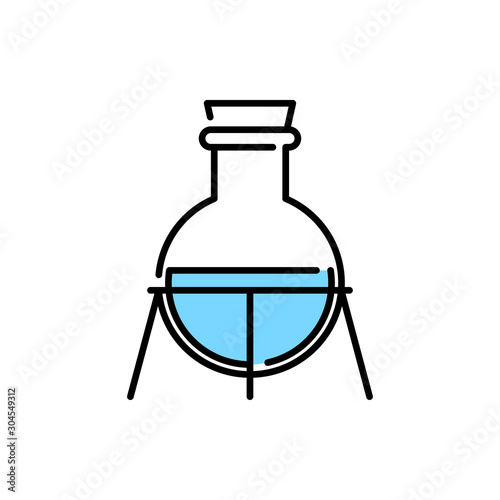 Símbolo laboratorio de química con icono lineal de probeta de cristal con soporte con color azul