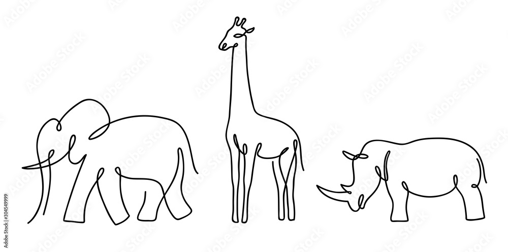 Fototapeta Słoń cienka linia, nosorożec i żyrafa.