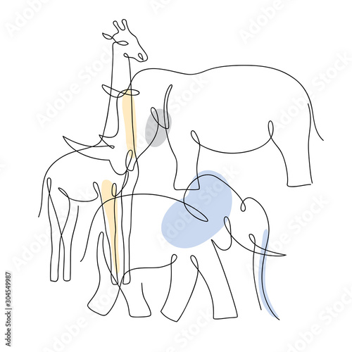 Thin line elephant, rhino and giraffe.