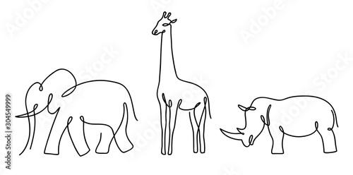 Fototapeta Słoń cienka linia, nosorożec i żyrafa.