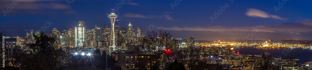 Long exposure panoramic view of Seattle downtown at night shoot from Kerry Park