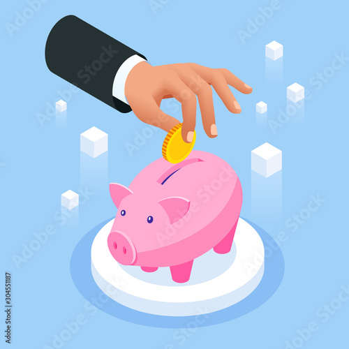 Saving money isometric concept. Piggy bank with falling gold coins.