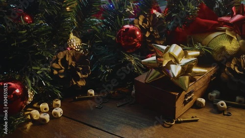 The Christmas decorations on wood table for holiday content.