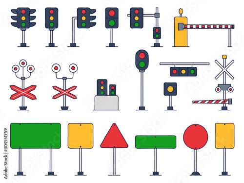 Set of Traffic Vector Cartoon Illustration. Railway and road Traffic Light. Semaphore. Cartoon