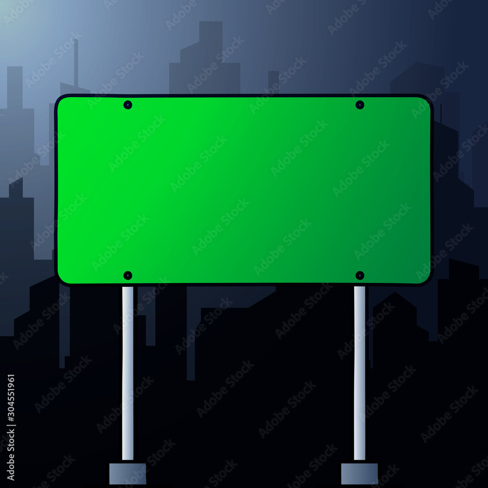 Obraz premium Rectangular green road sign on a background landscape of a night city. Copy space for text.