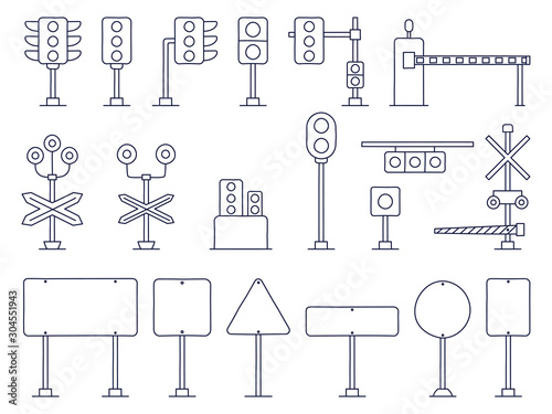 Outline Set of Traffic Vector Cartoon Illustration. Railway and road Traffic Light. Semaphore. Cartoon