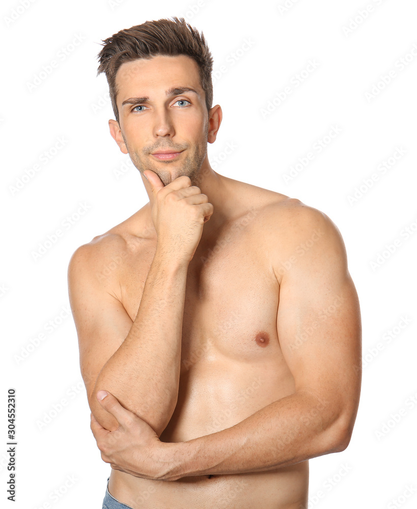 Handsome young man after depilation on white background Handsome young man after depilation on white background
