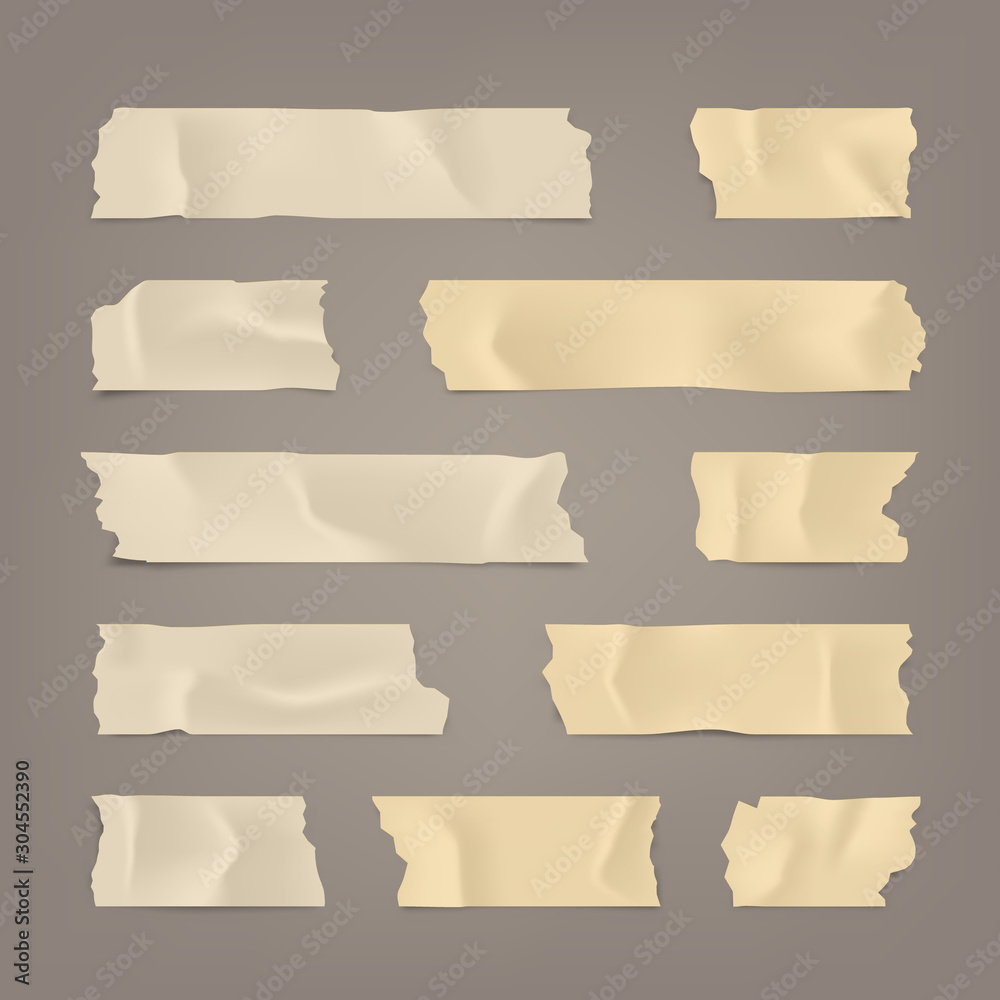 Realistic adhesive tape set. Sticky scotch, duct paper strips on brown background. Vector illustration.