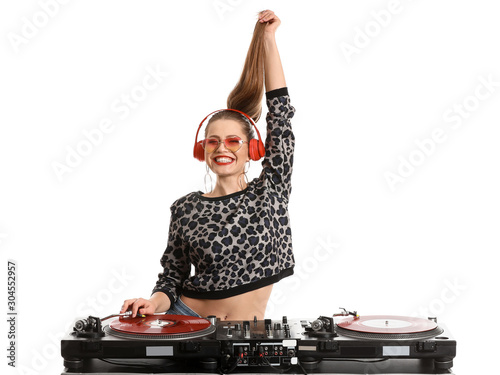 Female dj playing music on ...