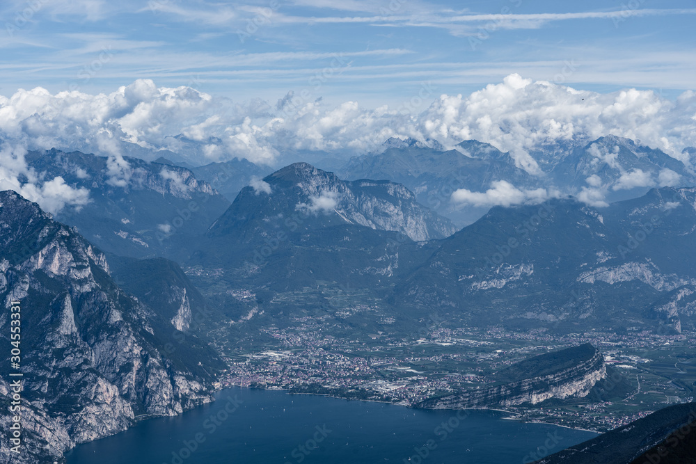 Aerial drone shot view of Riva del Garda by Lake Garda from Monte Baldo